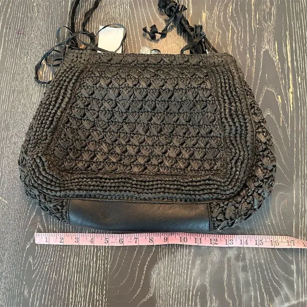 Nordstrom Black Straw & Leather Shoulder Bag Women's Closure Fabric Lined NWT - Image 9