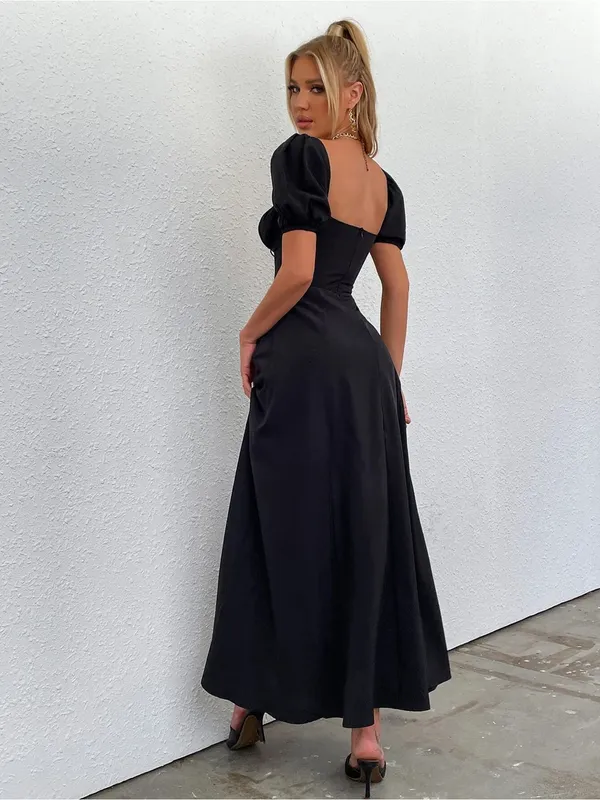 $69 NWOT Marthea Puff Sleeve Tie Front Off Shoulder Slit Thigh Dress - Black M - Image 3