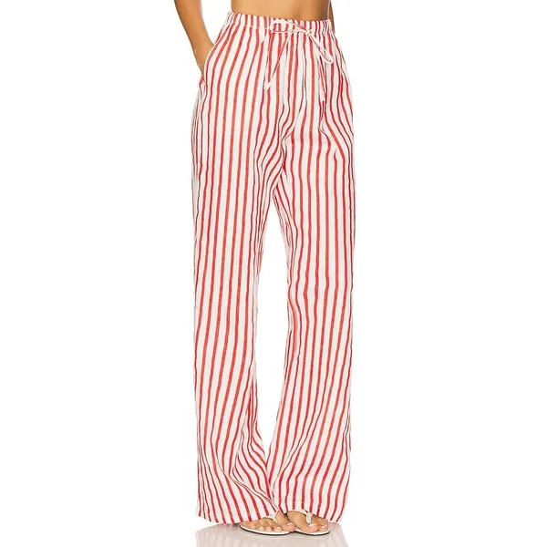Aexae Revolve Red White Striped Linen Drawstring High Rise Wide Leg Pants Small - Image 2