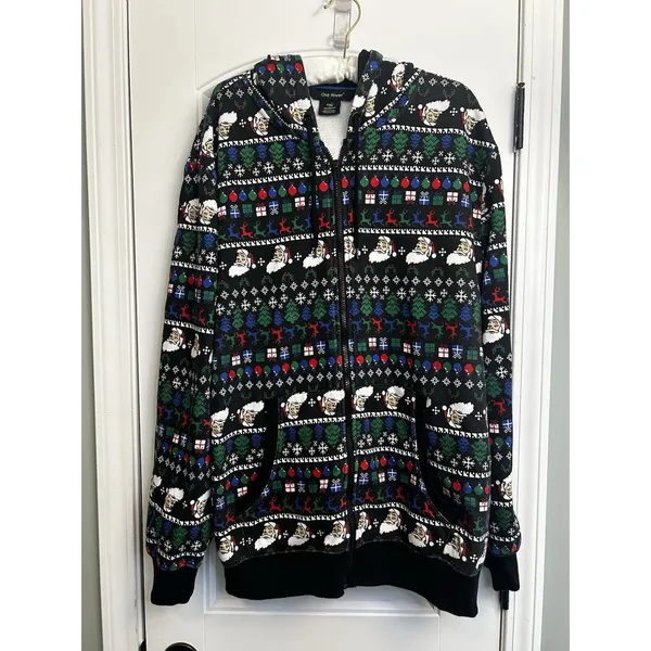 Old River Christmas Santa Fair Isle Sherpa Lined Zip Hoodie Jacket XXL Cozy Warm - Image 10