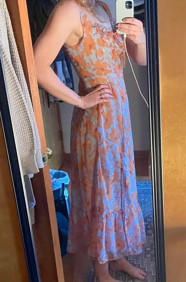 Astr The Label Medium Orange Blue Floral Square Neck Midi Dress - Image 8