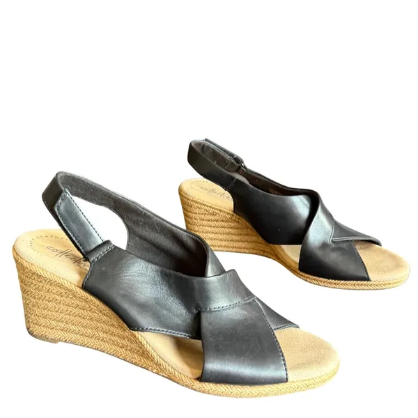 Clarks Lafley Alaine Wedge Sandals Womens 9.5 Black Leather‎ Comfort Espadrille - Image 4