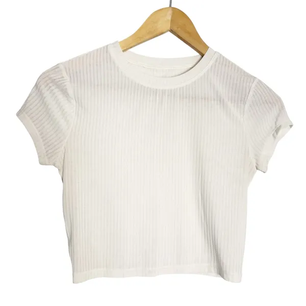 Alo Yoga Ribbed Sea Coast Ivory Cropped Short Sleeve Crewneck Tee Size Small - Image 2