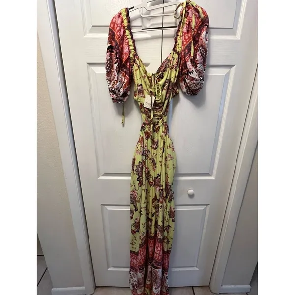 FREE PEOPLE Womens Medium‎ Green Bali Citrus Skies Jumpsuit Floral Cut Out New - Image 5