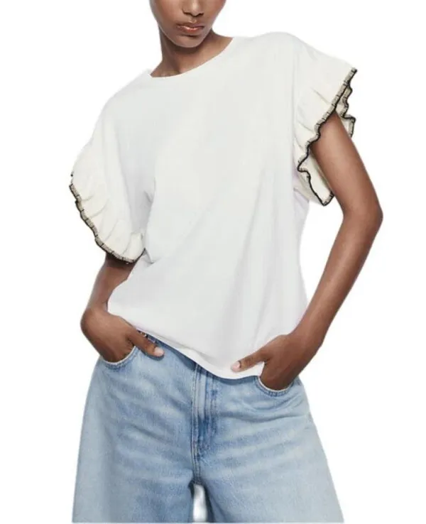 ZARA Trimmed T-Shirt White Top Gold Black Knit Cap Sleeve Ruffle Crew Neck Small - Image 2