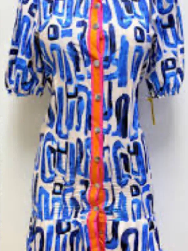 Abstract Blue Print Midi Dress with Pink Trim - Image 2