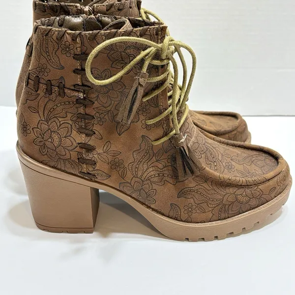 Comfort Boots Est 1946 Womens Sz 9.5 Brown Ankle Floral Print Lace Up Tassel - Image 3