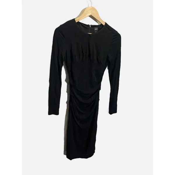 BOSS Edenl Midi Dress‎ Womens XS Black Keyhole Ruched Long Sleeve Cocktail Chic - Image 2