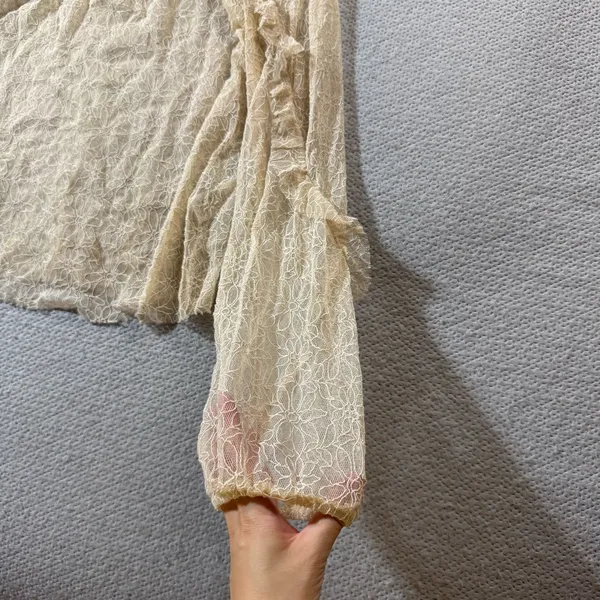 Le Lis Cottagecore Tan Cream Long Sleeve Ruffle Mock Neck Lace Top Large EUC - Image 2