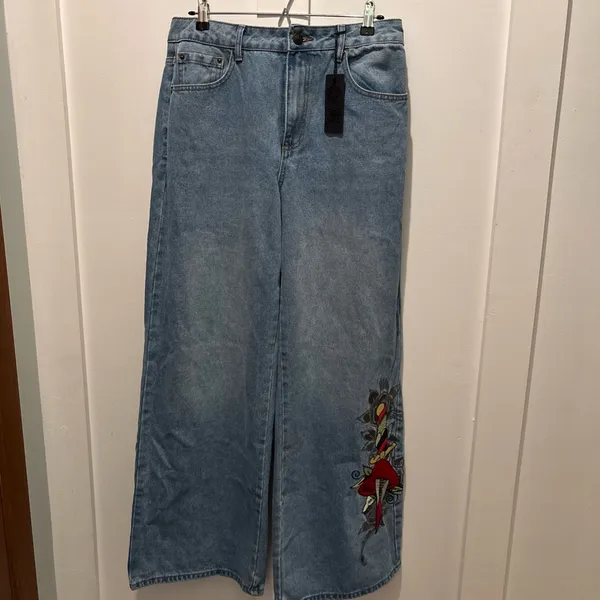 Ed Hardy Graphic Embroidered Heart Wide Leg Jeans - Image 2