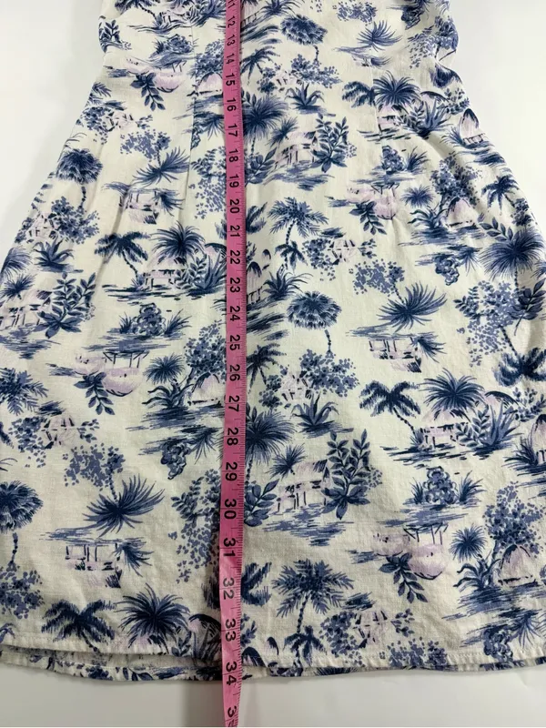 Coastal Linen Blend Halter Mini Dress Tropical‎ Toile Print Blue Ivory Womens M - Image 3