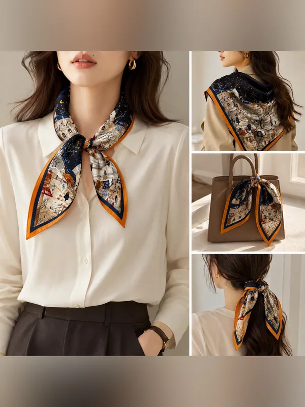 100% Silk Parisian Village Print Square Scarf Blue Orange Vintage Style - Image 2