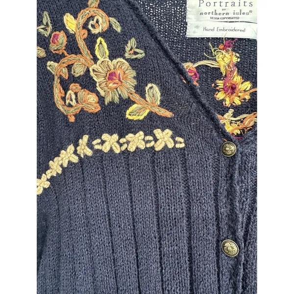 Vintage Northern Isles Cardigan Sweater Women L Navy Floral Hand Embroidered 90s - Image 3