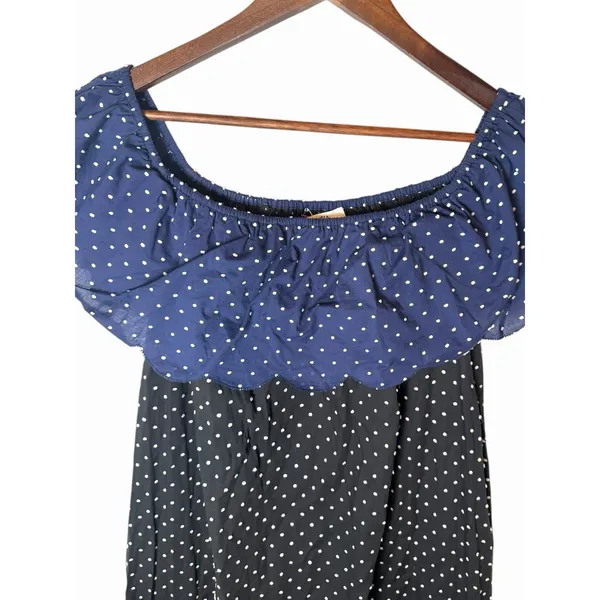Marysia Resort Dress Black Navy White Off The Shoulder Polka Dot Scalloped Small - Image 2