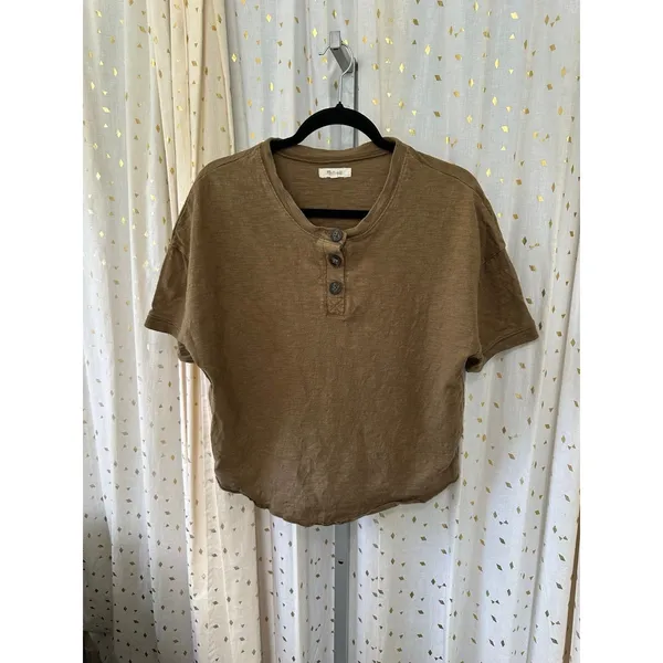 Madewell Rustic 100% Cotton Jersey Raw-Edge Henley Cropped Short Sleeve Tee M - Image 3