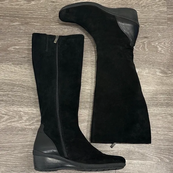 Aquatalia by Marvin K Minnow Black Suede Tall Riding Wedge Boots Square Toe 10 - Image 6