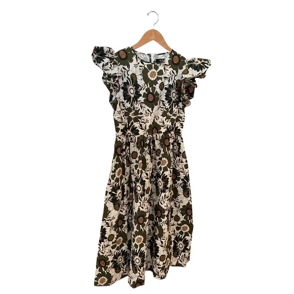 o.p.t Womens Retro Floral‎ Flutter Sleeve Cotton Midi Dress Olive Green Size M - Image 5