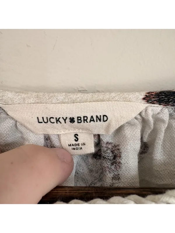 Lucky Brand Floral Print Bohemian Blouse Small Cream Long Sleeve Tassel - Image 3