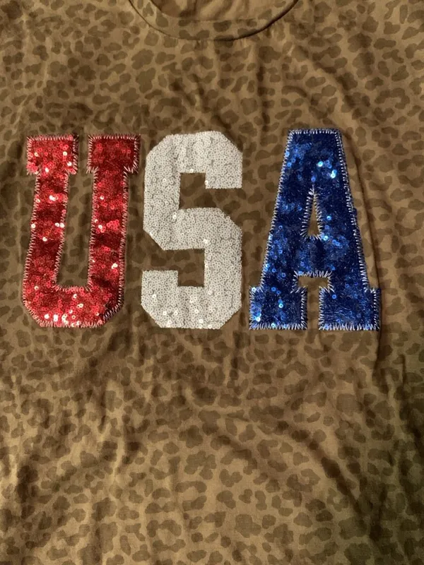 Bella Canvas USA Sequin Leopard Print Crew Neck T Shirt Women's XXL Patriotic - Image 3