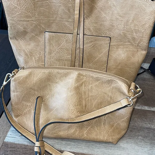 Unbranded Hobo Bag Set Womens OS Tan Boho Vegan Leather Textured 2-Piece‎ Tote - Image 6