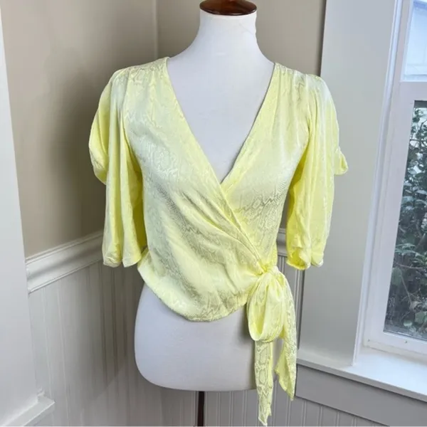 Krisa Womens Yellow Snake Print Jacquard Wrap Blouse‎ Puff Sleeve XS - Image 10