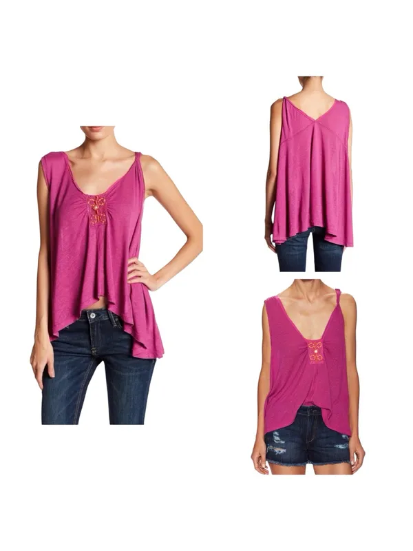 Free People New Vibes Tank Top Pink Small S Lightweight Embellished Boho NWT - Image 2