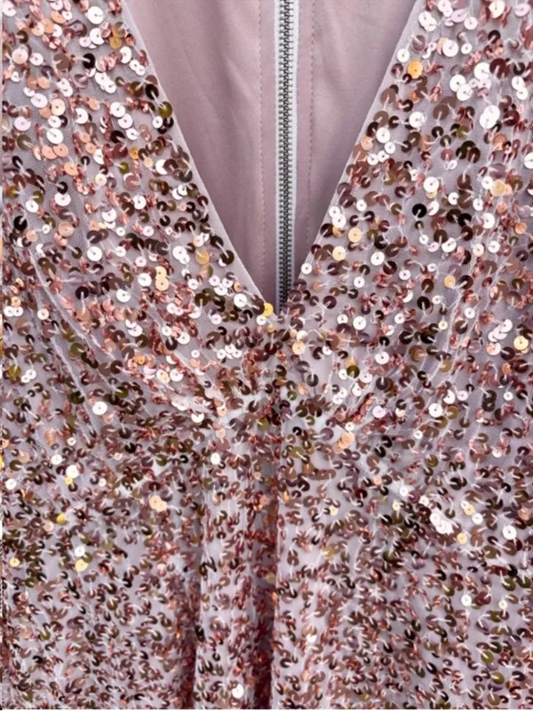 EUC Free People Dance All Night Sequined V Neck Puff SIv. Dress Rose Gold Small - Image 4