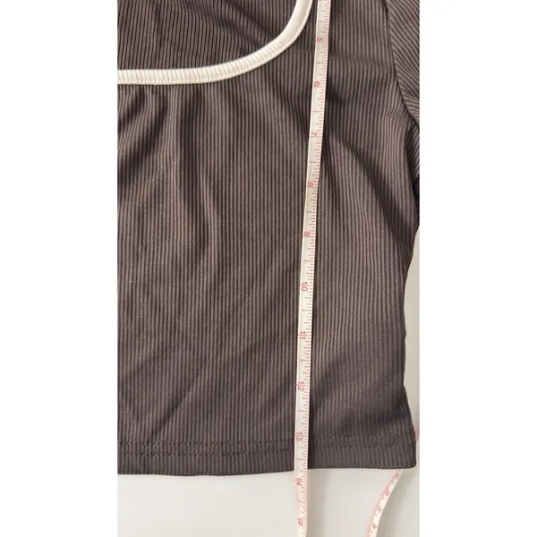 Women's 2 Piece Lounge Set Brown Size S Crop Top Flare Pants White Trim Y2K - Image 9