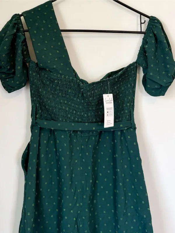 NWT Cupshe One-Shoulder Green Romper With Puff Sleeves & Tie Waist - Size: Small - Image 6