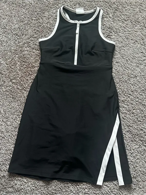 Black Midi Tank Dress with White Zip Trim - Image 2