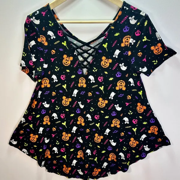 Disney Parks Halloween Mickey Jack O Lantern Lattice Back Top Small Black - Image 5