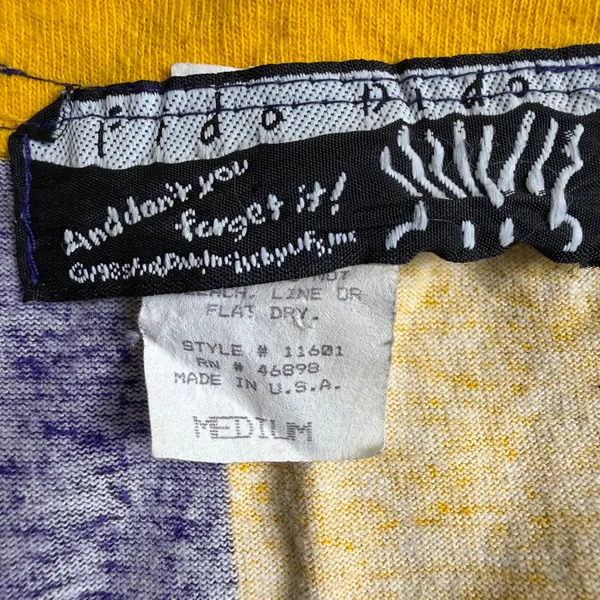 Fido Dido Baseball Jersey Women Medium Vintage 90s Y2K Purple Yellow Striped USA - Image 5