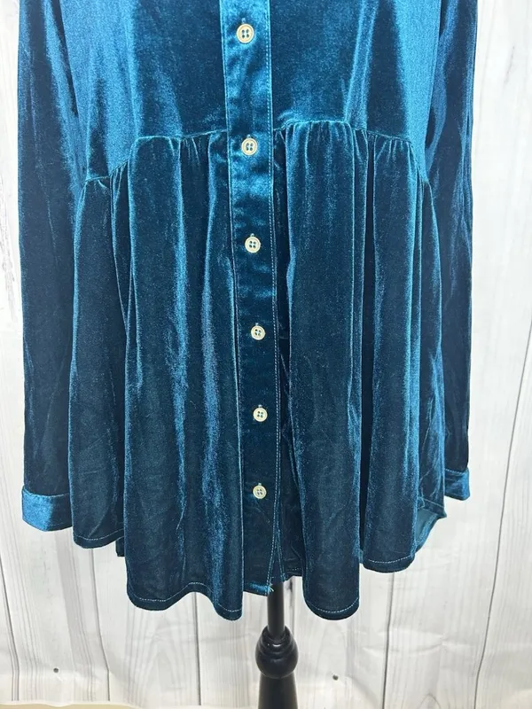Umgee Teal Velvet Button Up Shirt Sz M Babydoll Western Yoke Long Sleeve - Image 3