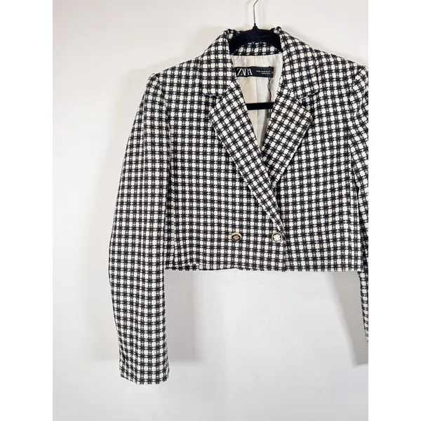 ZARA Womens Blazer Black Double Breasted Plaid Cropped Tweed Jacket Notched XS - Image 6