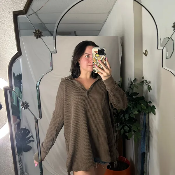 Free People Travis Oversized Green Waffle Knit Thermal Polo Military Olive - Image 4
