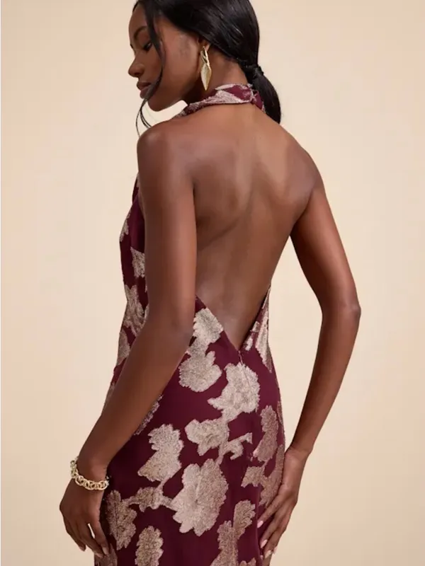 Lulus Zafira Burgundy And Gold Burnout Cowl Halter Maxi Dress Red - Size L - Image 5