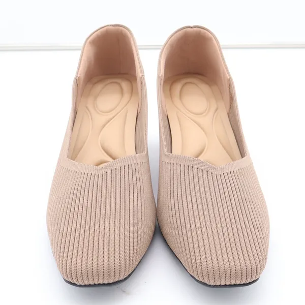 Taupe Ribbed Knit Block Heel Pumps Square Toe Comfort Insole Size 41 - Image 5