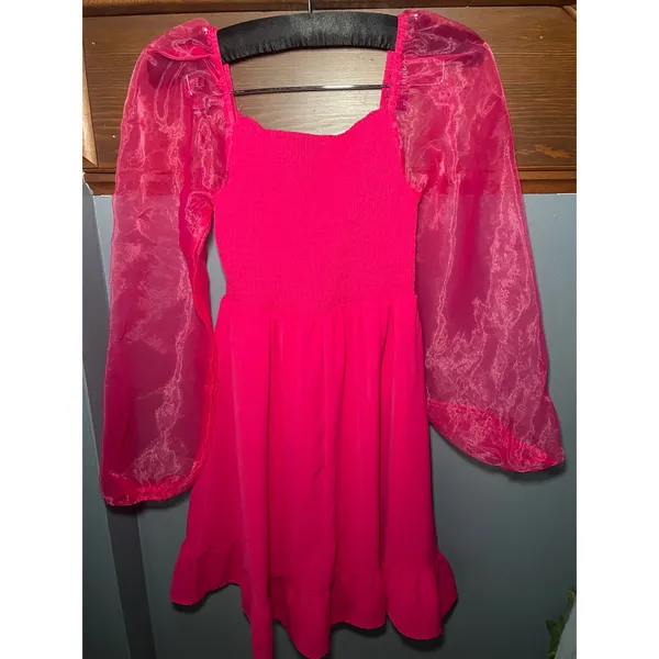 Altar'd State Pink Smocked Puff Sleeve Mini Dress Square Neck Ruffle Hem Small - Image 2