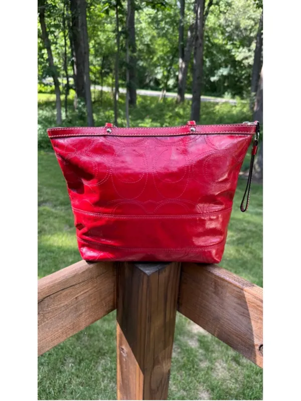 Coach Y2K Signature Patent Leather Tote Persimmon Red F15142 - Image 3