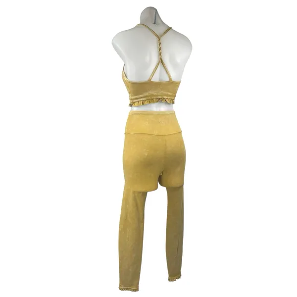 JoyLab Yellow Gold Velour Velvet Sleeveless Crop Top Leggings Pants 2 Pc Set XS - Image 3