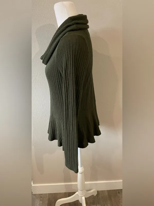 Maeve for Anthropologie Ribbed Knit Top Cowl Neck Flared Hem Olive Green - Image 3