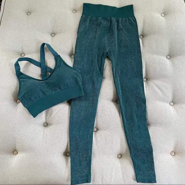 ASOS South Beach Seamless Glitter Green Silver Leggings Sports Bra Activewear Se - Image 2