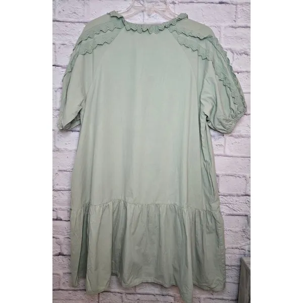 &Merci green cotton boho gauze peasant puff sleeve lace dress medium. - Image 4