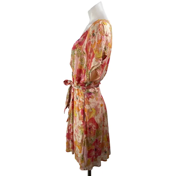 Free People Freddy Coral Short Sleeve Floral V Neck Tie Fit & Flare Mini Dress M - Image 2