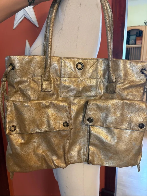 Vintage Y2K Old Navy Metallic Gold Tote Bag with Front Pockets - Image 3