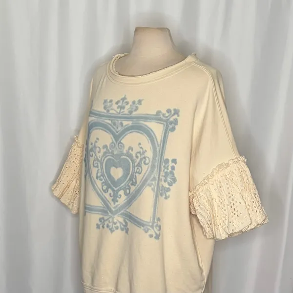 NWT!!‎ FREE PEOPLE Doily Sweatshirt Heart Ivory Blue Eyelet Lace Bohemian Small - Image 6
