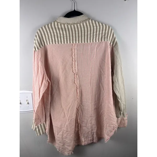 Millibon Linen Cotton Patchwork Stripe Button Shirt Raw Hem Hi Low Oversized M - Image 6
