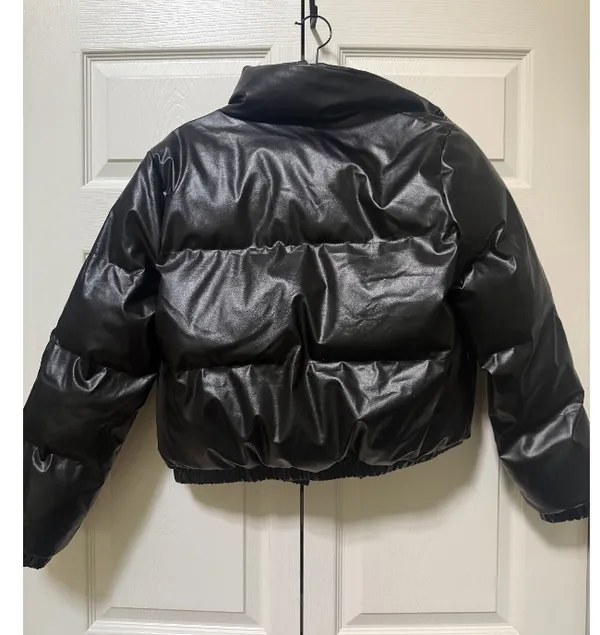 SHEIN Black Faux Leather Cropped Puffer Jacket M - Image 8