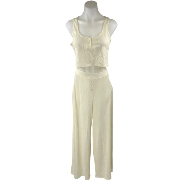 NEW Missguided Cream Crinkle Vest Sleeveless Crop Top Trousers Pajamas Set Sz 8 - Image 2