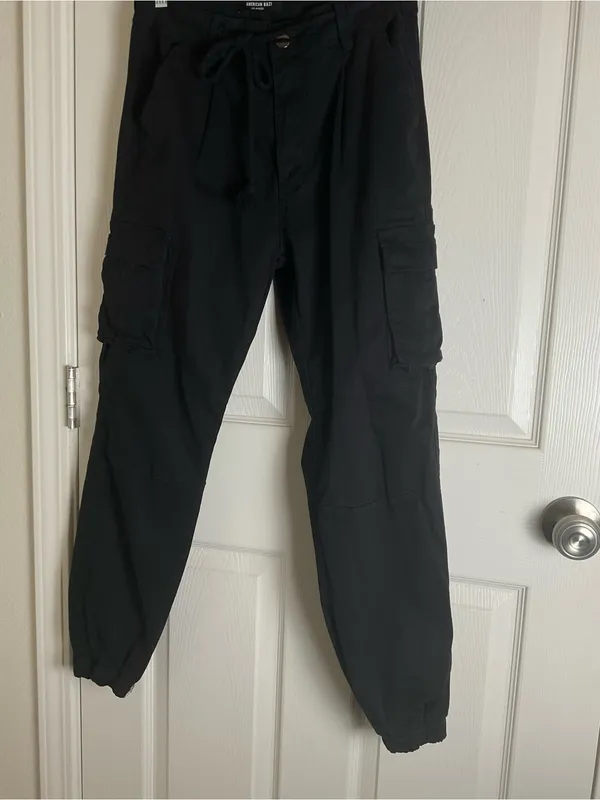 AMERICAN BAZI Black Drawstring High Waist Cargo Jogger Pants Size M - Image 2